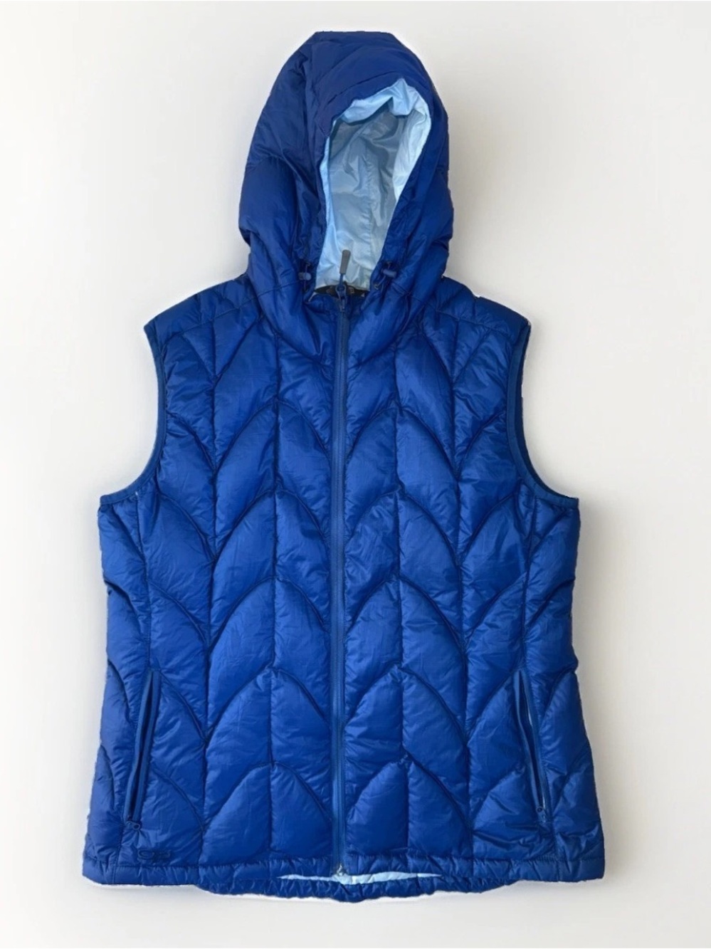 Outdoor Research Womens Down Vest XL Blue Aria Hooded Quilted Puffer Winter Warm